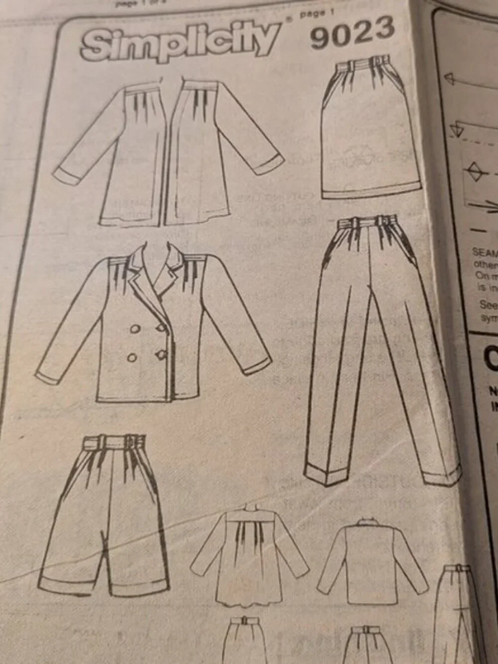 Simplicity 9023 blouse, pants, shorts, skirt, unlined jacket sewing pattern